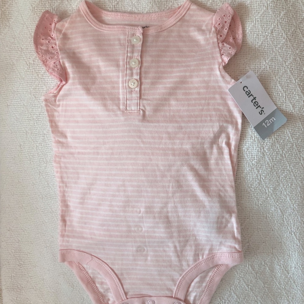 NEW Pink & White Striped Girls Onesie Lace Sleeve Sz 9Mo or 12Mo